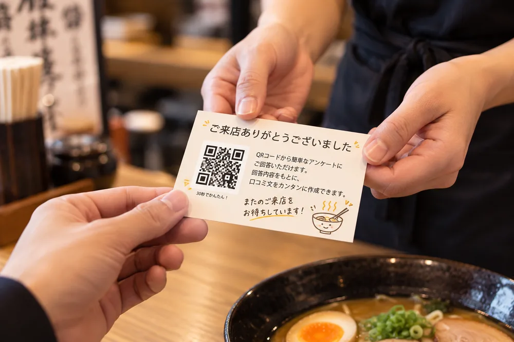 スタッフがお客様にQRカードを手渡している様子